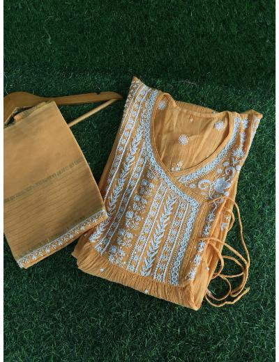 Chhangamal Hand Embroidered Orange Colour Mul Chanderi Chikankari Kurta Dupatta Piece