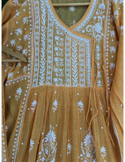 Chhangamal Hand Embroidered Orange Colour Mul Chanderi Chikankari Kurta Dupatta Piece
