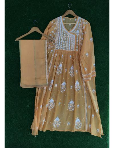 Chhangamal Hand Embroidered Orange Colour Mul Chanderi Chikankari Kurta Dupatta Piece