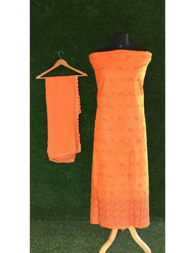 Chhangamal Hand Embroidered Orange Colour Silk Chikankari Suit Length