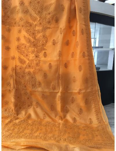Chhangamal Hand Embroidered Orange Colour Tusser Chikankari Saree