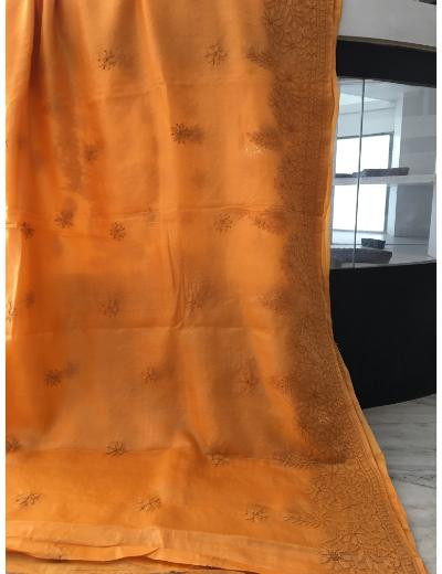 Chhangamal Hand Embroidered Orange Colour Tusser Chikankari Saree