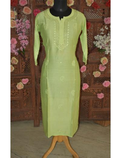 Chhangamal Hand Embroidered Parrot Green Colour Chanderi Silk Kurti
