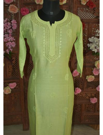 Chhangamal Hand Embroidered Parrot Green Colour Chanderi Silk Kurti