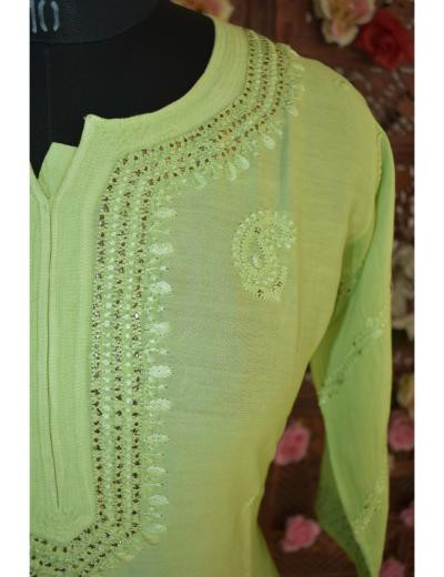 Chhangamal Hand Embroidered Parrot Green Colour Chanderi Silk Kurti