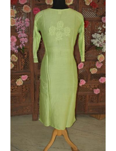Chhangamal Hand Embroidered Parrot Green Colour Chanderi Silk Kurti