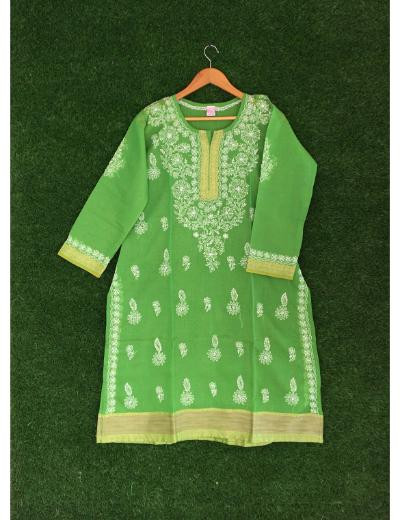 Chhangamal Hand Embroidered Parrot Green Colour Cotton Chikankari Kurti