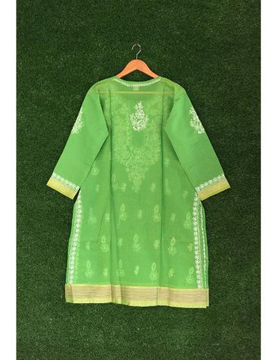 Chhangamal Hand Embroidered Parrot Green Colour Cotton Chikankari Kurti