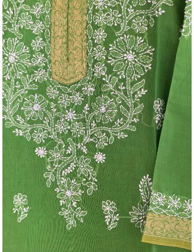 Chhangamal Hand Embroidered Parrot Green Colour Cotton Chikankari Kurti
