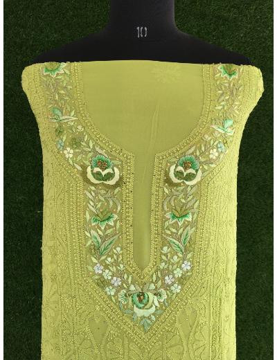 Chhangamal Hand Embroidered Parrot Green Colour Pure Georgette Chikankari Suit Piece