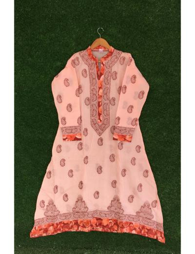 Chhangamal Hand Embroidered Peach  Colour Cotton Chikankari Kurti Piece