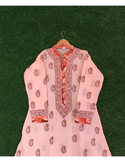 Chhangamal Hand Embroidered Peach  Colour Cotton Chikankari Kurti Piece