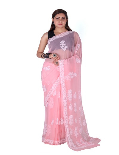 Chhangamal Hand Embroidered Peach Chikankari Faux Georgette Saree