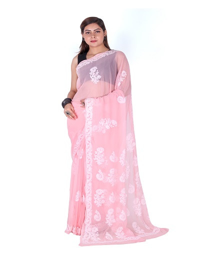 Chhangamal Hand Embroidered Peach Chikankari Faux Georgette Saree