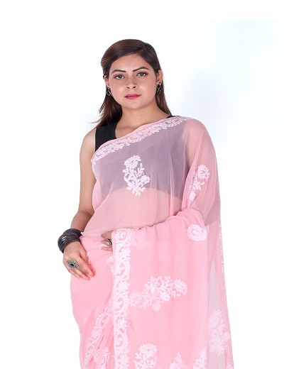 Chhangamal Hand Embroidered Peach Chikankari Faux Georgette Saree