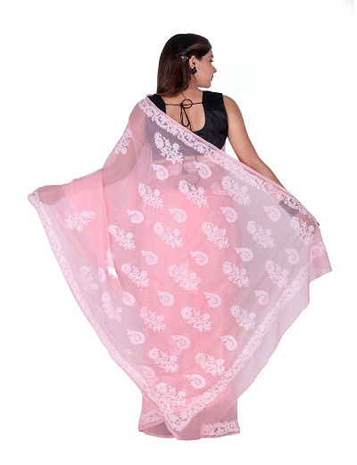 Chhangamal Hand Embroidered Peach Chikankari Faux Georgette Saree