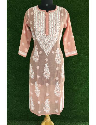 Chhangamal Hand Embroidered Peach Colour Chanderi Chikankari Kurti