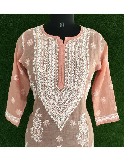 Chhangamal Hand Embroidered Peach Colour Chanderi Chikankari Kurti