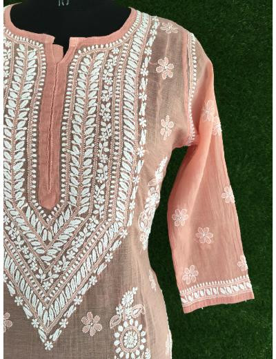 Chhangamal Hand Embroidered Peach Colour Chanderi Chikankari Kurti