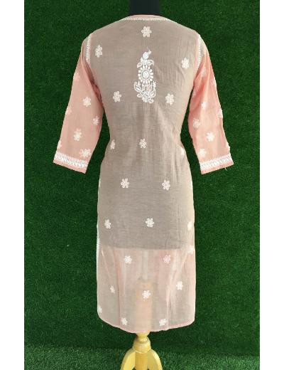 Chhangamal Hand Embroidered Peach Colour Chanderi Chikankari Kurti