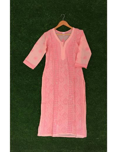 Chhangamal Hand Embroidered Peach Colour Chanderi Chikankari Kurti