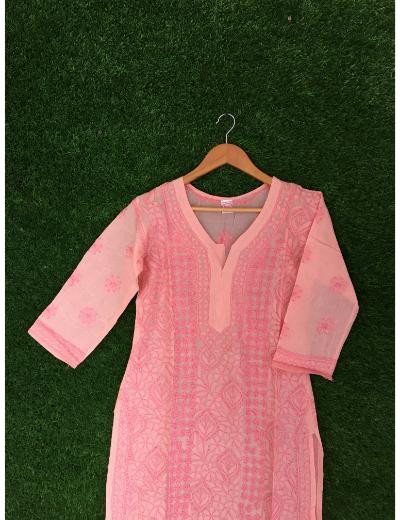 Chhangamal Hand Embroidered Peach Colour Chanderi Chikankari Kurti