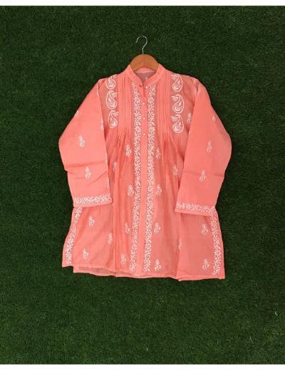Chhangamal Hand Embroidered Peach Colour Chanderi Chikankari Top