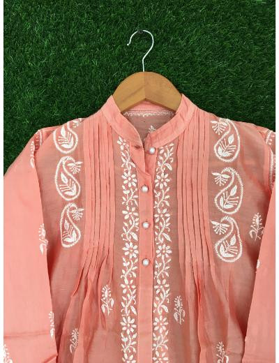 Chhangamal Hand Embroidered Peach Colour Chanderi Chikankari Top