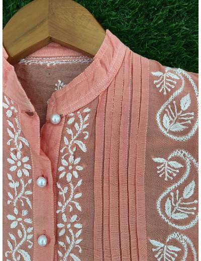 Chhangamal Hand Embroidered Peach Colour Chanderi Chikankari Top