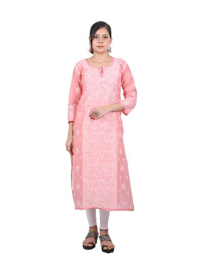 Chhangamal Hand Embroidered Peach Colour Chanderi Cotton Chikankari Kurti