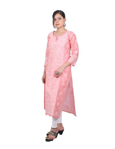 Chhangamal Hand Embroidered Peach Colour Chanderi Cotton Chikankari Kurti