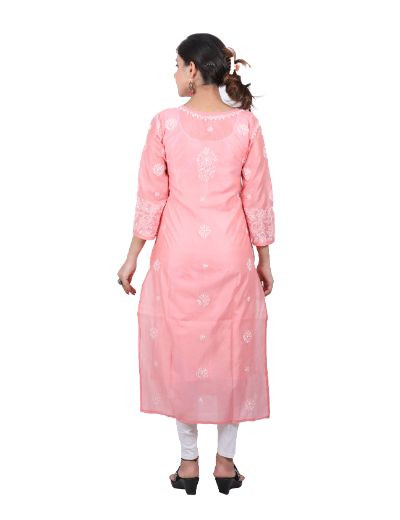 Chhangamal Hand Embroidered Peach Colour Chanderi Cotton Chikankari Kurti