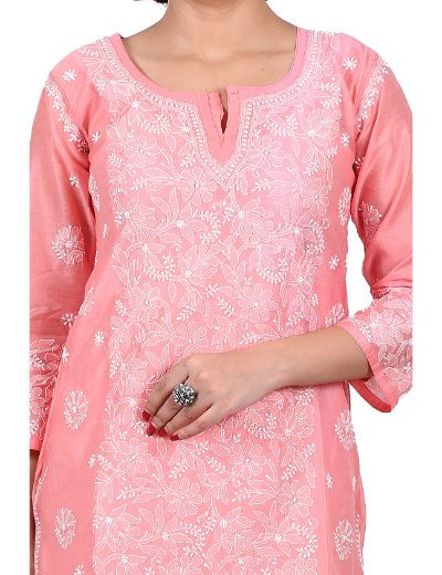 Chhangamal Hand Embroidered Peach Colour Chanderi Cotton Chikankari Kurti