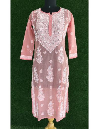 Chhangamal Hand Embroidered Peach Colour Chanderi Kurti