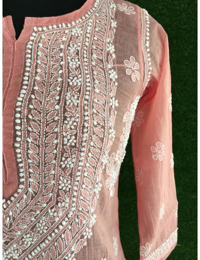 Chhangamal Hand Embroidered Peach Colour Chanderi Kurti