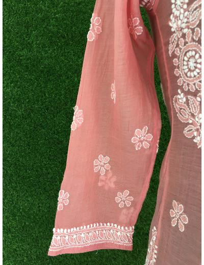 Chhangamal Hand Embroidered Peach Colour Chanderi Kurti