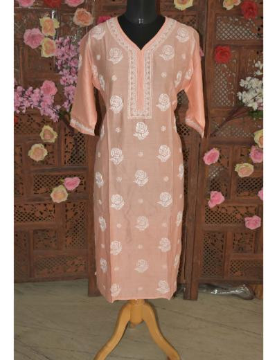 Chhangamal Hand Embroidered Peach Colour Chanderi Silk Kurti