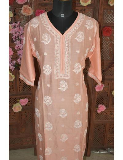Chhangamal Hand Embroidered Peach Colour Chanderi Silk Kurti