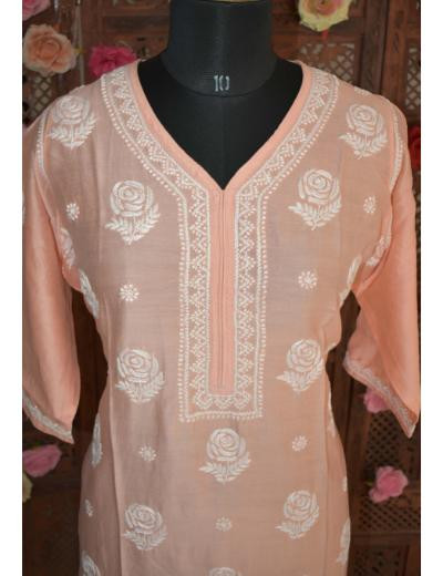 Chhangamal Hand Embroidered Peach Colour Chanderi Silk Kurti