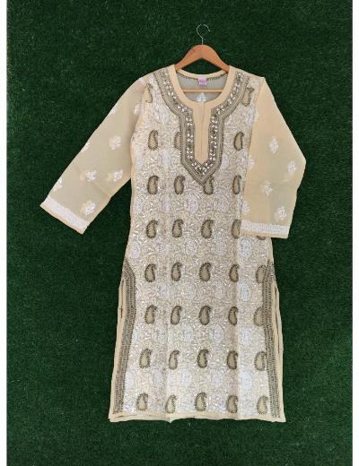 Chhangamal Hand Embroidered Peach Colour Cotton Chikankari kurti