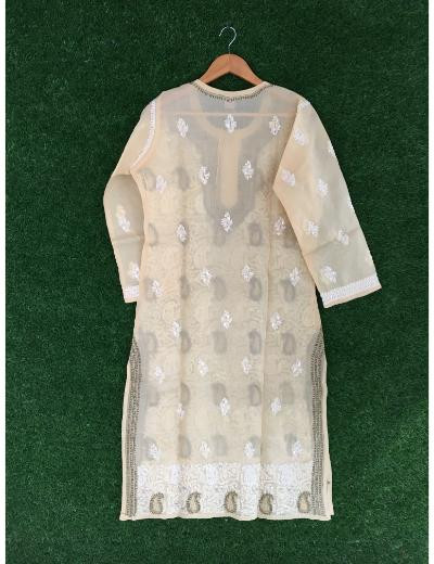 Chhangamal Hand Embroidered Peach Colour Cotton Chikankari kurti