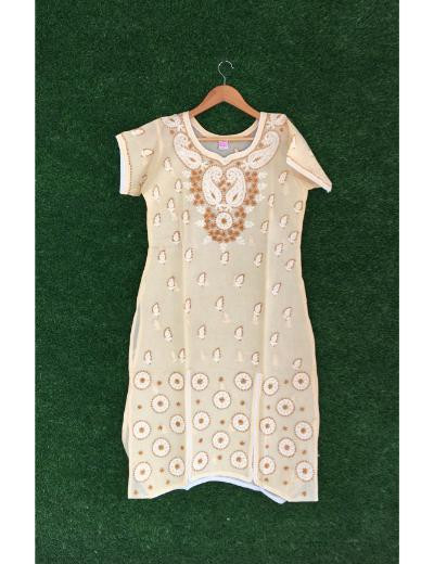 Chhangamal Hand Embroidered Peach Colour Cotton Chikankari Kurti