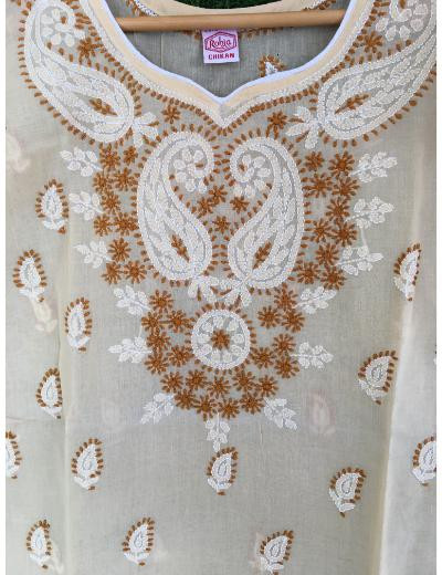Chhangamal Hand Embroidered Peach Colour Cotton Chikankari Kurti