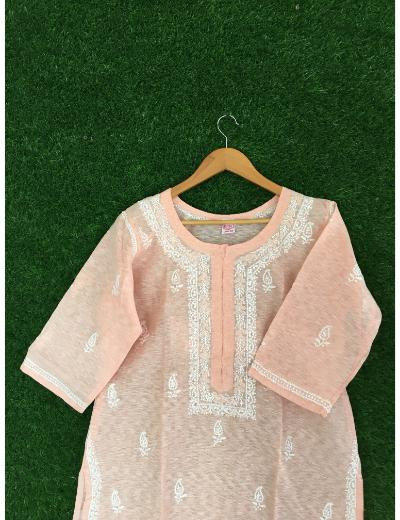 Chhangamal Hand Embroidered Peach Colour Cotton Chikankari Kurti