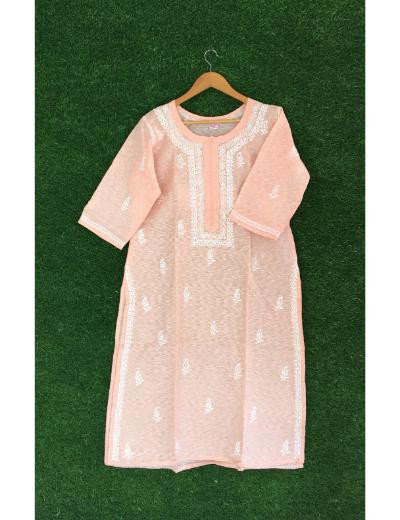 Chhangamal Hand Embroidered Peach Colour Cotton Chikankari Kurti