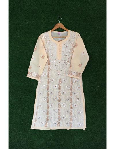 Chhangamal Hand Embroidered Peach Colour Cotton Chikankari Kurti