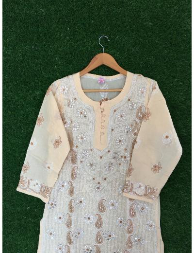 Chhangamal Hand Embroidered Peach Colour Cotton Chikankari Kurti