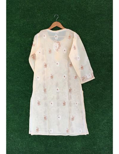 Chhangamal Hand Embroidered Peach Colour Cotton Chikankari Kurti