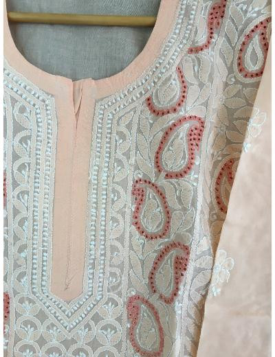 Chhangamal Hand Embroidered Peach Colour Cotton Chikankari Kurti Piece