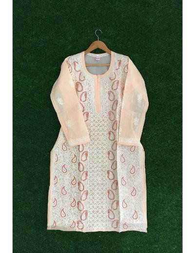 Chhangamal Hand Embroidered Peach Colour Cotton Chikankari Kurti Piece